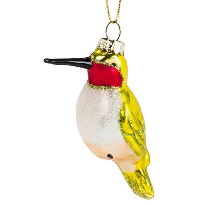 glass hummingbird ornament, christmas decoration - left side view showing glitter detail