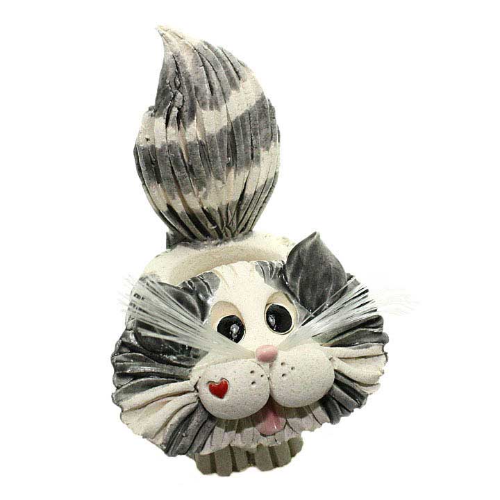 gray and white longhair cat with red heart on right cheek ceramic figurine toothpick holder - front, right side view without toothpicks