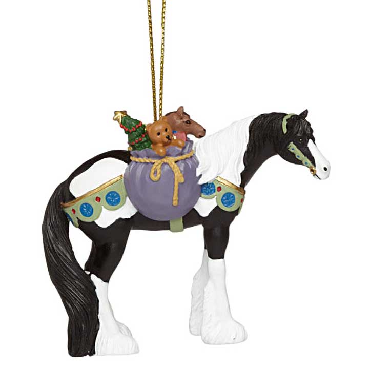 trail of painted ponies 4046342 gypsy winter dreams ornament - right side view showing bag of toy hanging from saddle