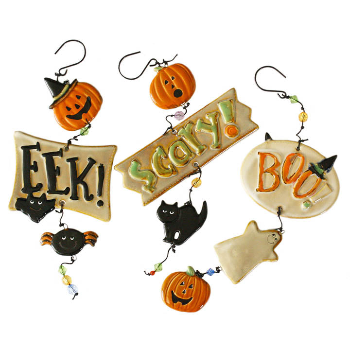 set of 3 ceramic and plastic beads halloween words and characters decorative dangler ornaments