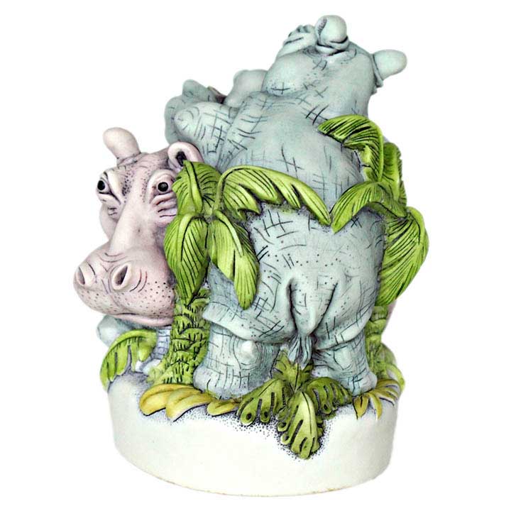 Harmony Kingdom CTJHI47 Hippolotovus Hippopotamus box figurine - image showing pink hippo face on left, backside and tail of blue hippo