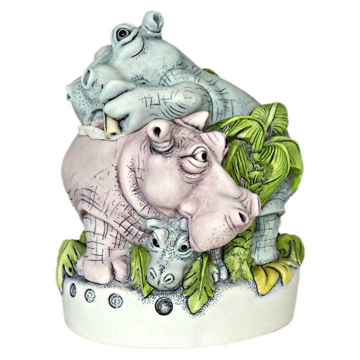 Harmony Kingdom CTJHI47 Hippolotovus Hippopotamus box figurine - image showing blue hippo on back of pink hippo with baby under its chin
