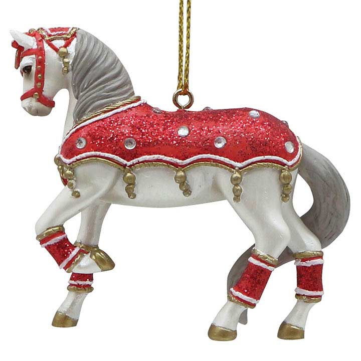 trail of painted ponies holiday tapestry white and gray horse with red glitter blanket ornament - left side view