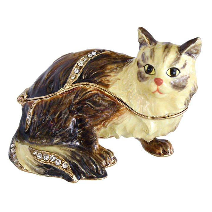 right side view of longhair brown and ivory tabby cat crouching figurine trinket box with crystal accents facing forward left