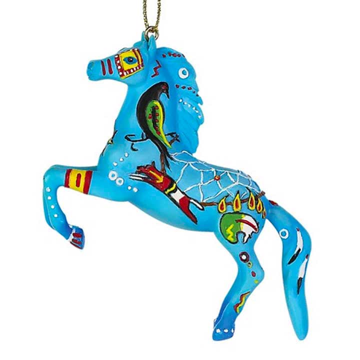 trail of painted ponies native dreamer ornament, blue horse with colorful native american art - left side view