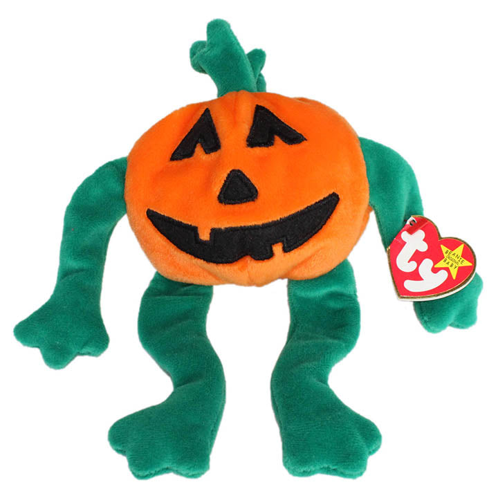 TY beanie baby Pumkin' smiling jack o lantern pumpkin with green arms and legs and tag