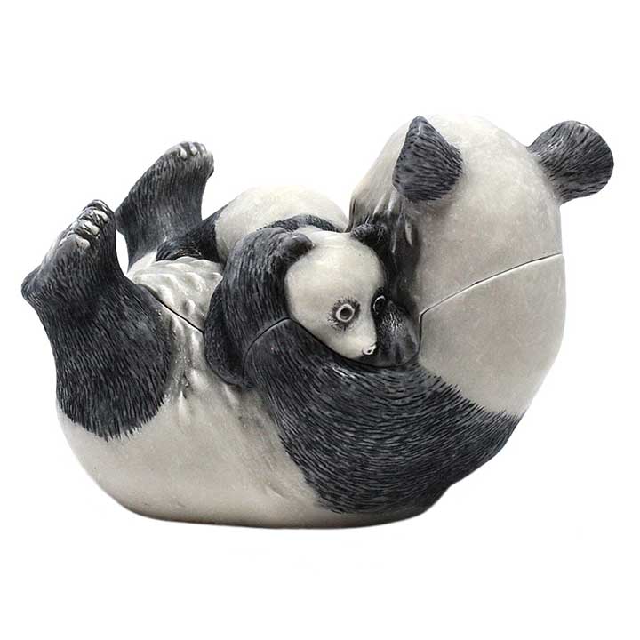 Harmony Kingdom Rare Treat giant panda and cub treasure jest - right side view showing baby pand's face