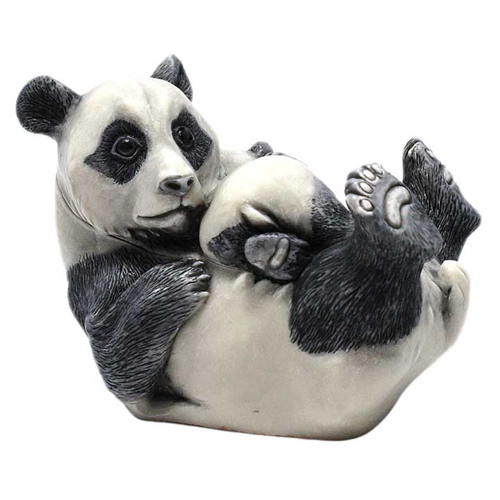 Harmony Kingdom Rare Treat panda box figurine - left side view showing mother panda's face and baby pandas bum