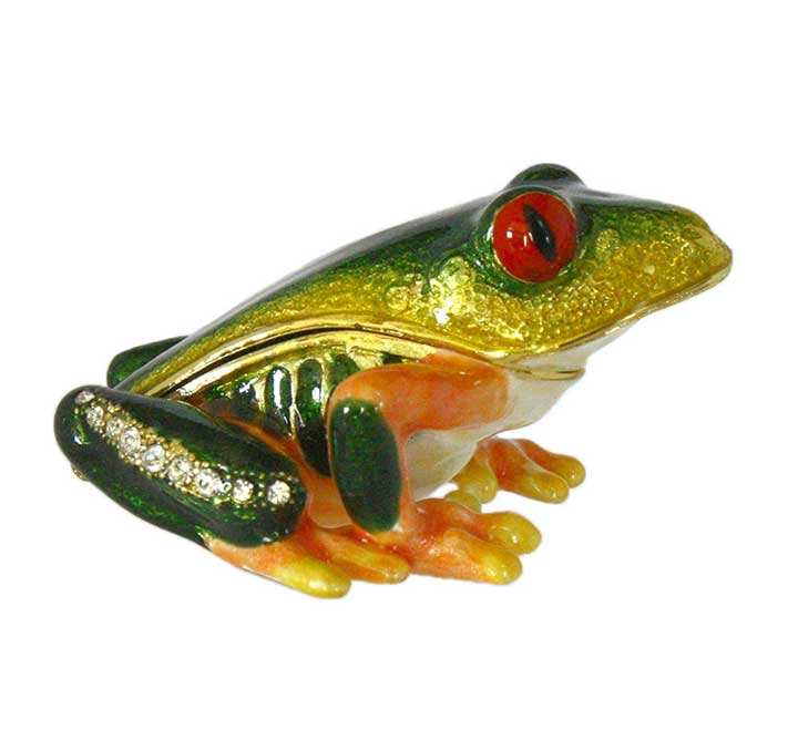 clear crystal accented bejeweled enameled pewter red eyed tree frog trinket box figurine - right side, legs view