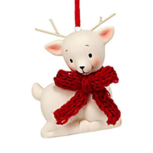 department 56 white porcelain deer with antlers ornament wearing a red bow hanging from color coordinating ribbon