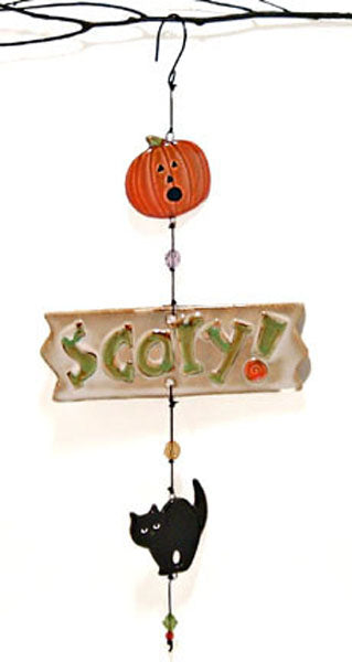 ceramic halloween dangler ornament with words SCARY! , jack o lantern pumpkin, black cat on hook hanging from branch