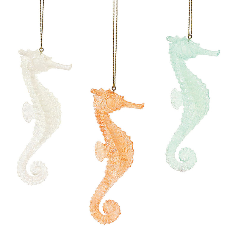 department 56 white, coral, green faux sea glass seahorse ornaments hanging from gold colored cord