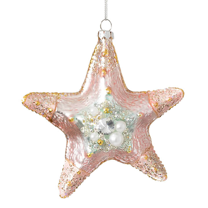 glass pastel pink and blue starfish ornament with faux pearl, rhinestone and glitter accents hanging from silver colored cord