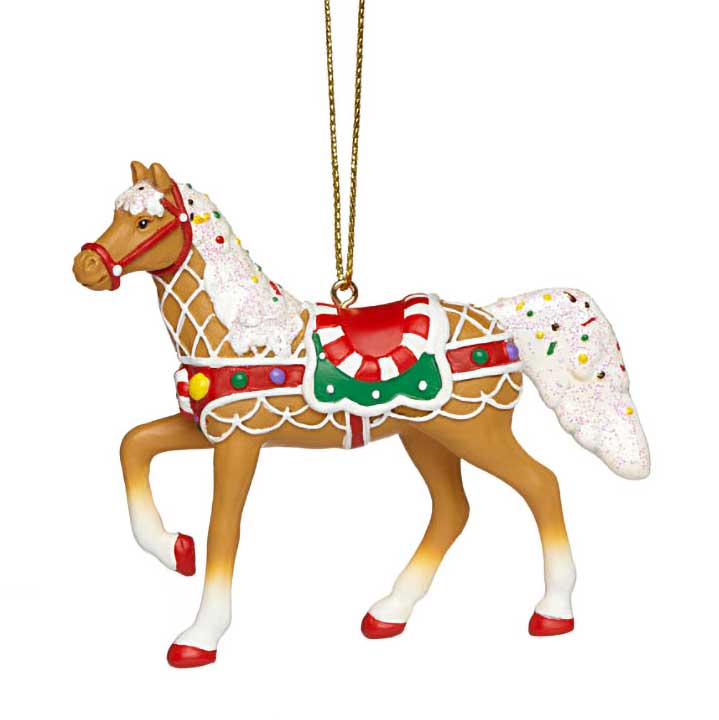 trail of painted ponies sweet treat roundup ornament, palamino horse with gingerbread house design decorations - left side view showing cord for hanging