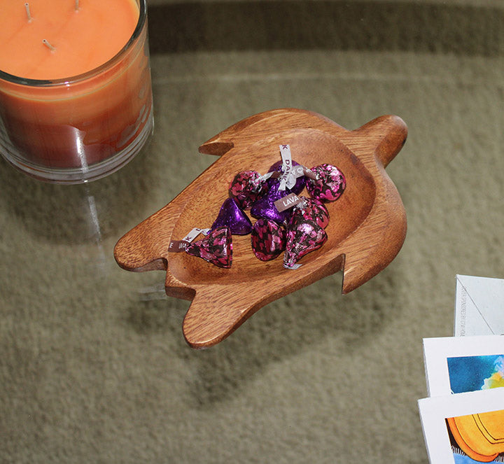 acacia wood turtle bowl with candy