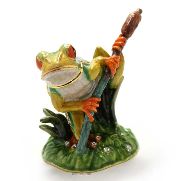 crystal accented enameled pewter frog on cattail figurine trinket box - image of frog facing forward