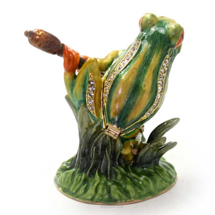 crystal accented enameled pewter frog on cattail figurine trinket box - rear view showing rows of crystals on back and left hind leg